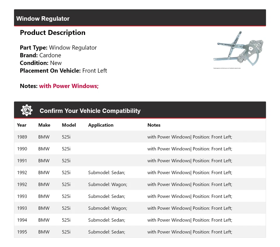 Regulador de ventana delantero izquierdo cardone 1990 1991 1992 1993 bmw 525i 1989-1995 Foto 2 de 4
