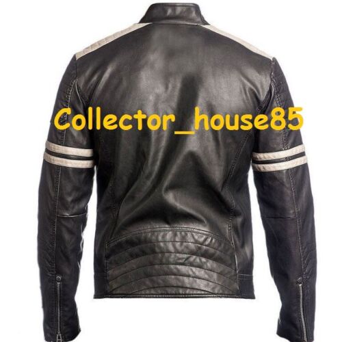 Men Jacket Black White Stripe Lambskin Leather Biker Motorcycle Designer CH 353 - Picture 2 of 4