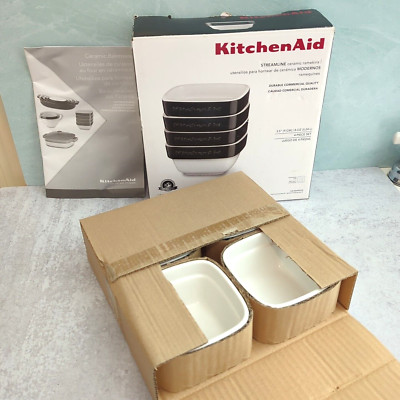 NEW KitchenAid STREAMLINE Ceramic Ramekins Commercial KBLR04RMOB White Black 3.5