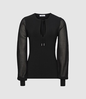 REISS Sloane Semi Sheer Sleeve Top in Black Size M