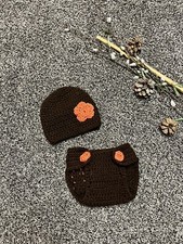 Baby Sz 0-6 Mo Photo Prop Hand Crocheted Brown Floral Neutral Diaper Cover Hat