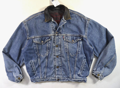 Vintage LEVIS 70602 LEATHER COLLAR Jacket size L Large Blanket Trucker