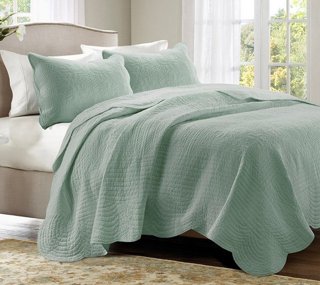GREEN MATELASSE 3pc Full Queen QUILT SET FRENCH COTTAGE TILE COVERLET