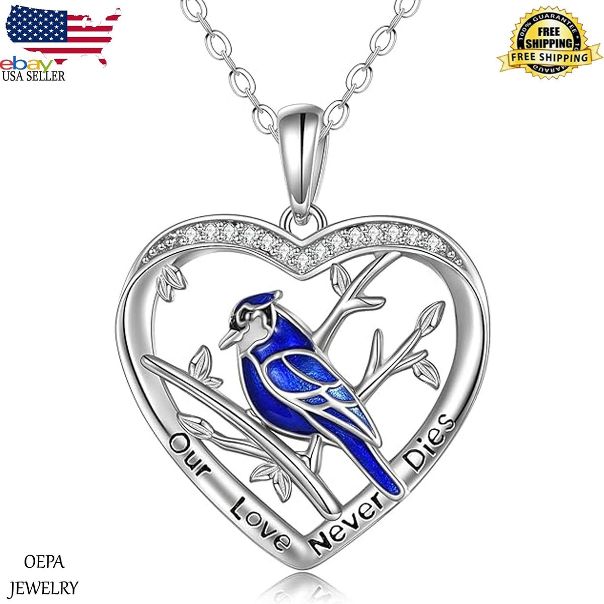 Blue Jay Necklace 925 Sterling Silver Blue Jay Heart Pendant