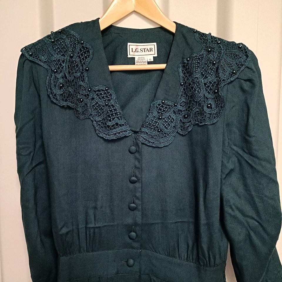 L.G.Star Womens Dress Green Size UK 10 Western Beaded Midi Vintage Pockets - Image 3 of 4