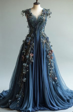 Dark Navy Wedding Dresses Mediaval Vintage Florals V Neck A Line Bridal Gowns