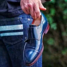 New Handmade Men Blue Leather Double Monk Strap Dress Office Shoes Casual Shoes