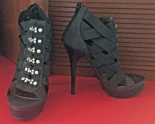 Wild Rose Black Peep Toe Zip Up Elastic Strappy Sandals - size 7 - Picture 2 of 2