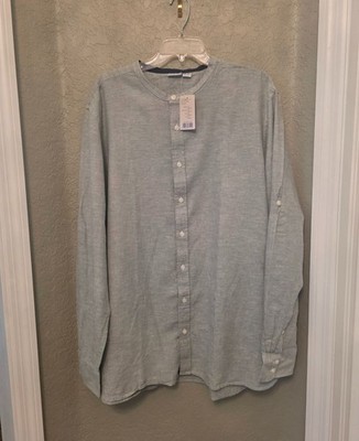 Livergy Men's Collarless Green Linen Blend Button Down Shirt XL NEW