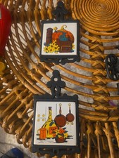 Vintage Tile Trivet, Retro Black Cast Iron, Ceramic Tile Taiwan 1970 s Art by LF