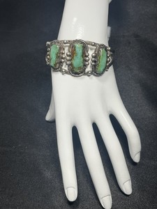 Vintage Navajo - Style Beaded 925 Wide Cuff Bracelet with Green Turquoise Stones