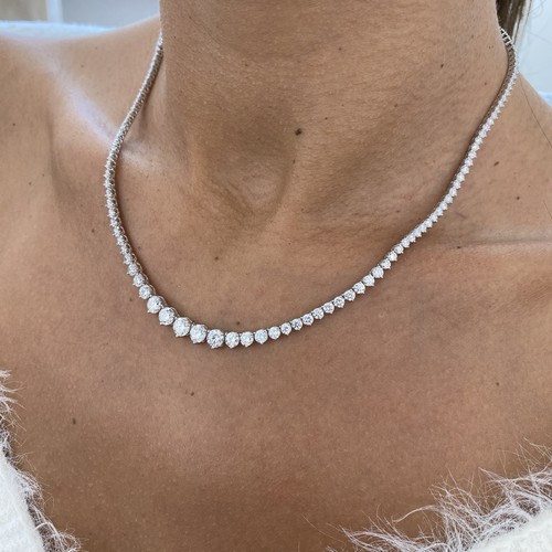 Diamond Tennis Graduated Necklace 9 1/4Ct Round VS1 E-F Labcreated 14K White - Picture 2 of 8