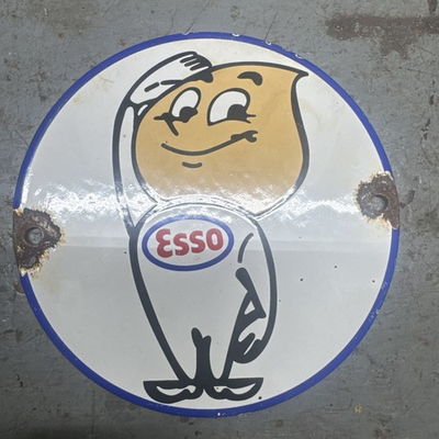 #ad VINTAGE ESSO PORCELAIN SIGN OLD GAS PUMP PLATE ENGINE OIL TIGER DIECUT 6” SIGN $95.00