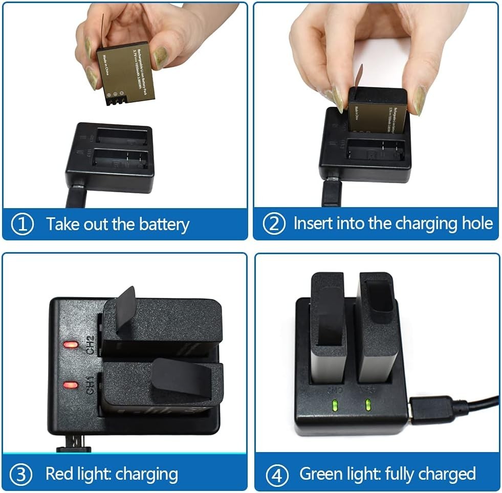 VVHOOY 3 X 1050Mah Rechargeable Action Camera Battery W USB Dual Charger Compati