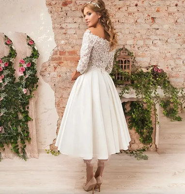 Vintage Short Wedding Dress For Women Long Sleeves Scoop Tea Length Lace Satin | eBay Vintage Short Wedding Dress For Women Long Sleeves Scoop Tea Length Lace Satin | eBay
