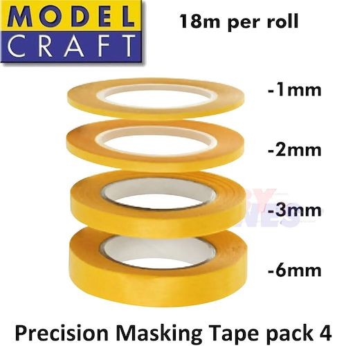 Modelcraft PMA1236 1, 2, 3, 6mm x 18m  Precision Masking Tape 4 Pack