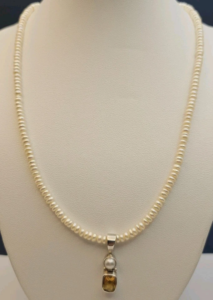 Acleoni Sterling Silver 925 Pearl Necklace 14g w/ Citrine & Pearl Pendant 2.24g - Image 2 of 4