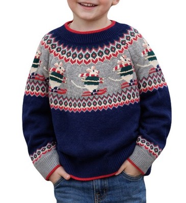NEW Mini Boden Kids Size 4-5 y Navy Wool Blend Skiing Mice Fair Isle Sweater $64