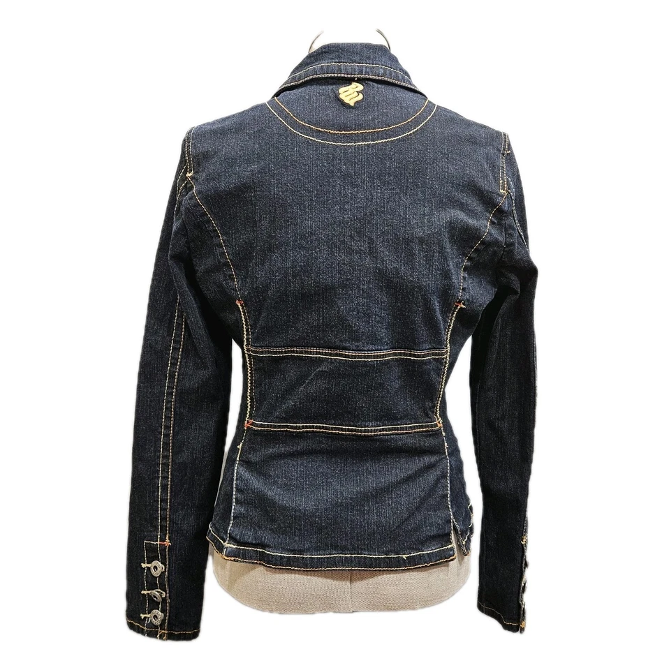 RocaWear Denim Jean Jacket Womens Large Blue Dark Wash Fitted Contoured Biker - Image 3 of 4