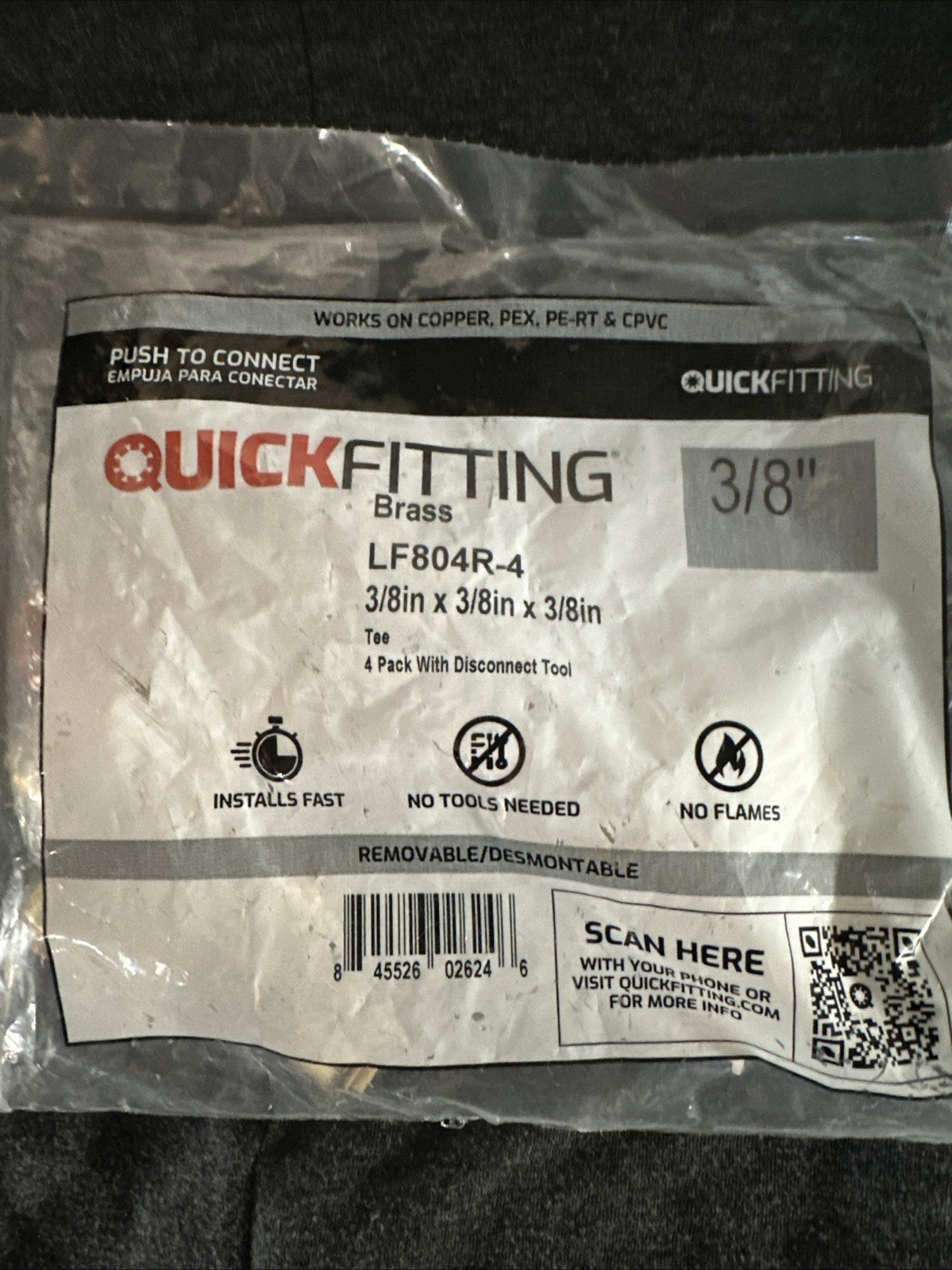 (4-Pk) QuickFitting Push-to-Connect Coupling Fitting w/Disconnect Tool Brass 3/8