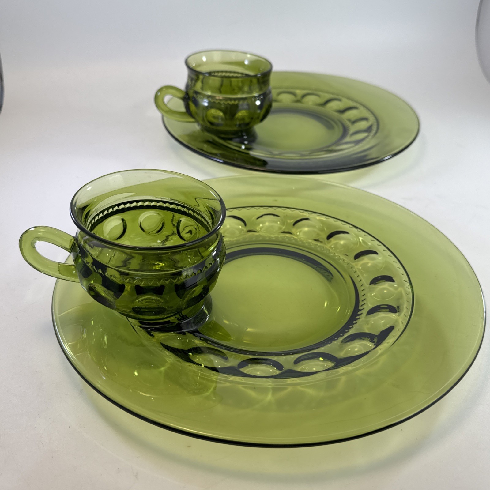 Vintage Indiana Glass Olive Green Thumbprint Cup & Saucer Set of 2 Kings Crown