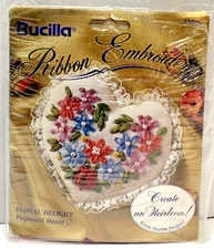 Bucilla Ribbon Hand Embroidery Floral Delight Potpourri Heart Craft Kit