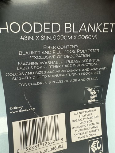 Disney Mickey Mouse Hooded Throw Blanket with Ears 43x81” - SO SOFT! New - Picture 3 of 4