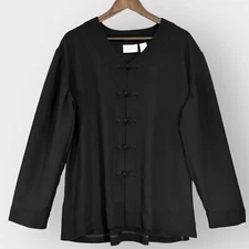 Liz Claiborne Blouse Top Women L Black Oriental Asian Inspired Long Sleeve X64