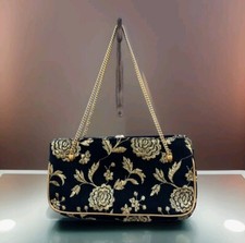 RARE VTG FRANCHI Evening Prom Purse Black Gold Floral Embroidery Chain Handles