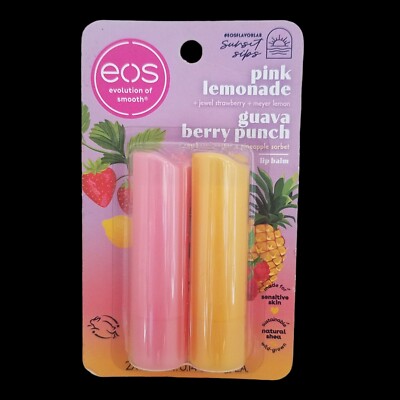 Eos SUNSET SIPS Shea Lip Balms Sensitive Skin PINK LEMONADE & GUAVA BERRY PUNCH