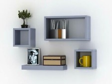 Set Of 4 Grey Wooden Floating Cube Shelves Wall Hanging Storage Deco Shelving