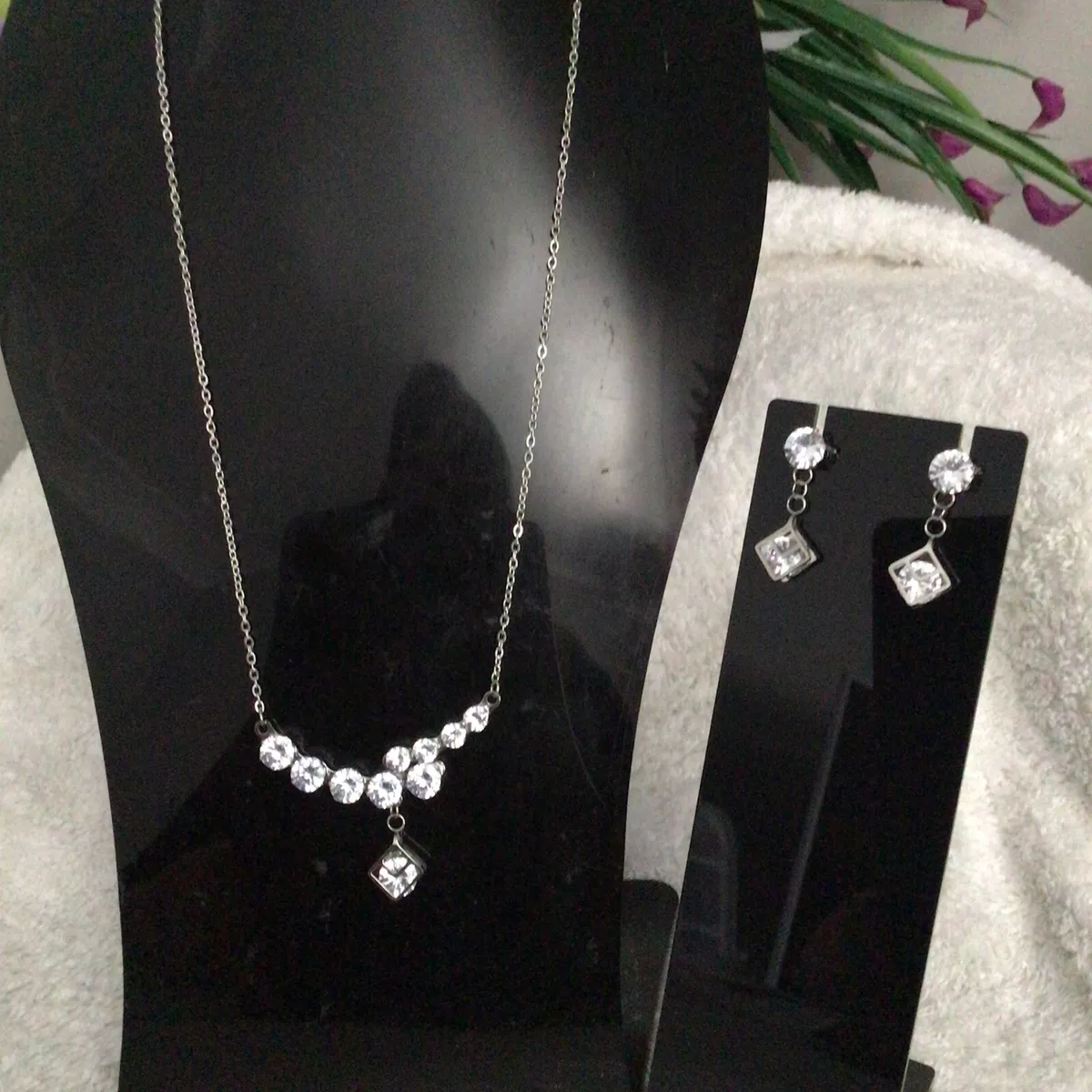 2pc Stainless Steel Simulated Diamond Necklace 20 22 Earrings