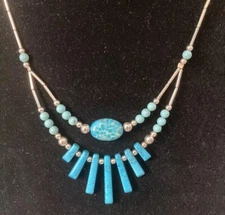 Southwestern Faux Turquoise Double Layer Fringe Necklace 18”
