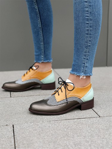 Retro Womens Lace UP Pointed Toe Carved Mid Heels Oxfords Brogues Shoes Fashion - Picture 6 of 27