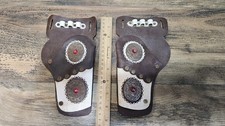 Vintage Child's Leather Toy Gun Holster Set Brown w/ Red Stone Accents