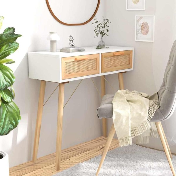 Konsolentisch Weiß 80X30X75 Cm Massivholz Kiefer Natur-Rattan-image