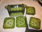 Rare Vintage Fenton Cabbage Rose Green Glass Individual Personal Ashtrays Holder