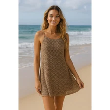 Luxology Womens Lace Eyelet Swing Tank Dress 12 Tan Boho Sundress