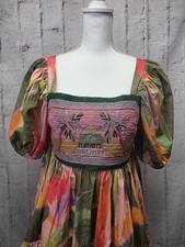 Farm Rio Mini Dress Beaded Garden Puff Sleeves Tiered Sz S Beach Festival Colorf