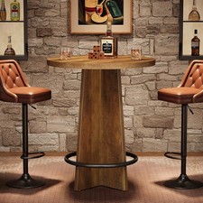 Round Bar Table, 37.4'' Tall Wooden Bistro Pub Table with Metal Ring Footrest