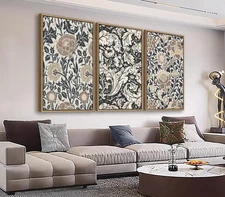 Large Flowers Wall Art for Living Room Natural Wood Float Framed Art Set of 3...