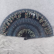 Chinese Bamboo Hand Fan Black Hand Painted Flowers Scrolls Antique
