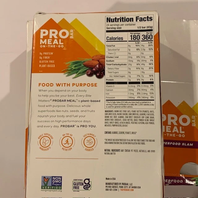 Barra de proteína Probar Meal superalimento Slam no transgénico a base de plantas sin gluten 36 barras Foto 2 de 3