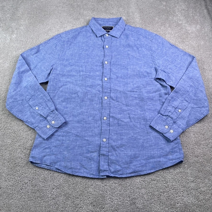 Camisa Charles Tyrwhitt Para Hombre Grande Azul Lino Cambray Calce Ajustado Mangas Largas Foto 2 de 4