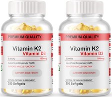 2 Bottles Vitamin K2 100mcg  Vitamin D3 5000 IU Gluten Free 500 Softgels