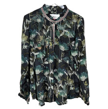 Biya Johnny Was Shirt Womens L Black Floral Embroidered Silk Boho Tunic Top