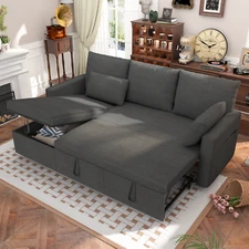 Linen Sleeper Sofa Bed,Pull OutCouch Bed with Storage Chaise