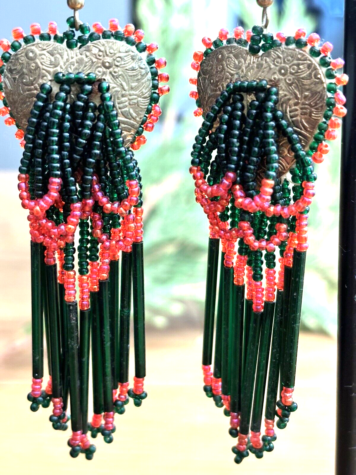 Earrings, Unique Native earrings, metal heart drop with beads, suede backing