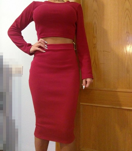 Conjunto Falda midi cintura alta Top rojo manga larga jersey Talla M | eBay