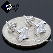 MEN WOMEN SOLID 925 STERLING SILVER ICY BLING CZ 6MM 3D SQUARE STUD EARRING*E224